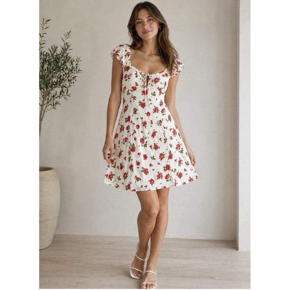 Floral Tie-Front Mini Dress in White with Red Roses